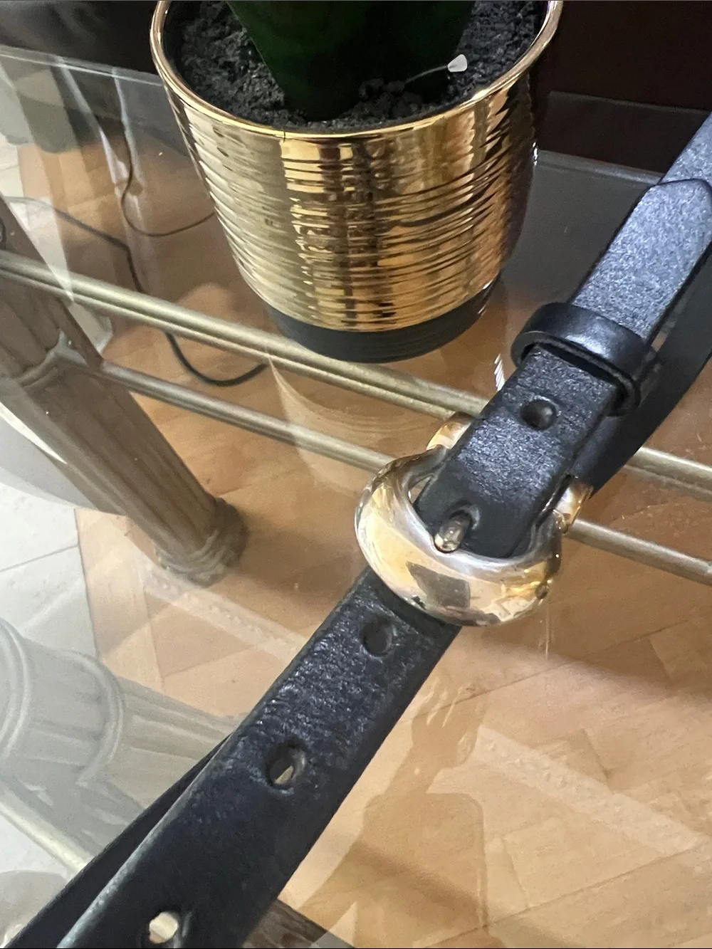 Classic Black Leather Belt with Gold Buckle